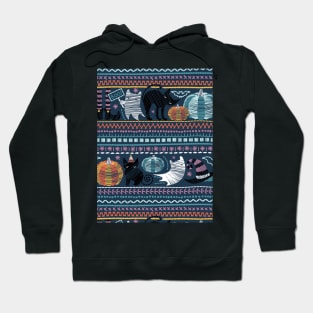 Embroidery Halloween // black cats orange and teal pumpkins white ghosts and purple stitches on teal background Hoodie